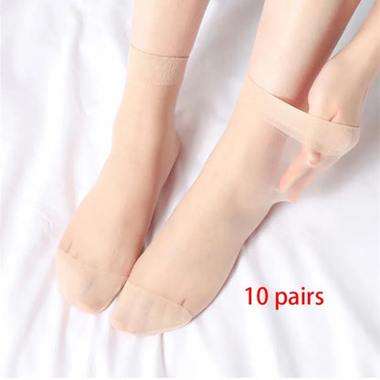 10 Paar Stijlvolle Transparante Zwarte en Huidskleurige Zijden Enkel Sokken voor Vrouwen - Perfect voor Zomer Mode!