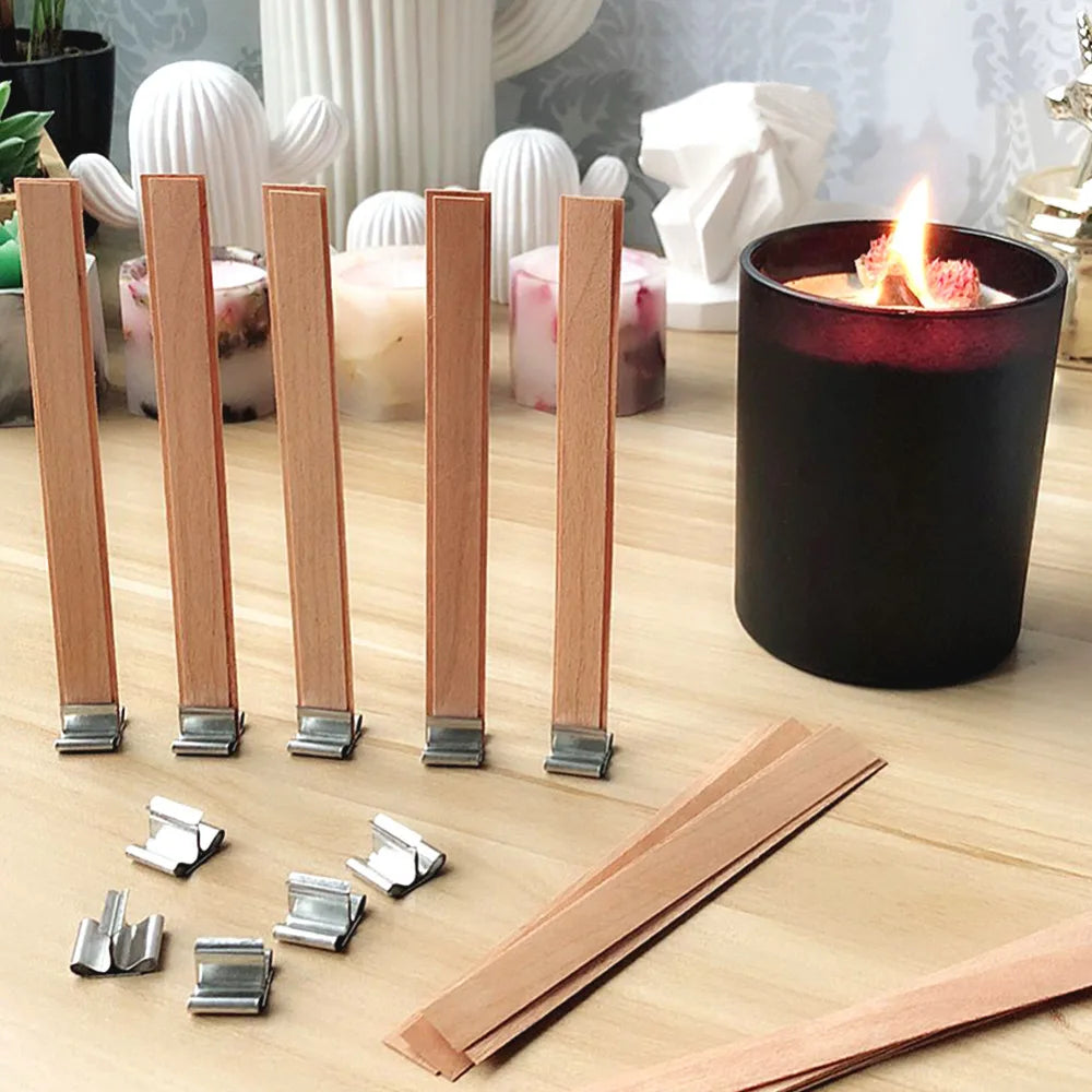 Wooden Candle Wicks with Metal Base Natural Wood Wick Cores for Soy Wax DIY Candle Making Supplies