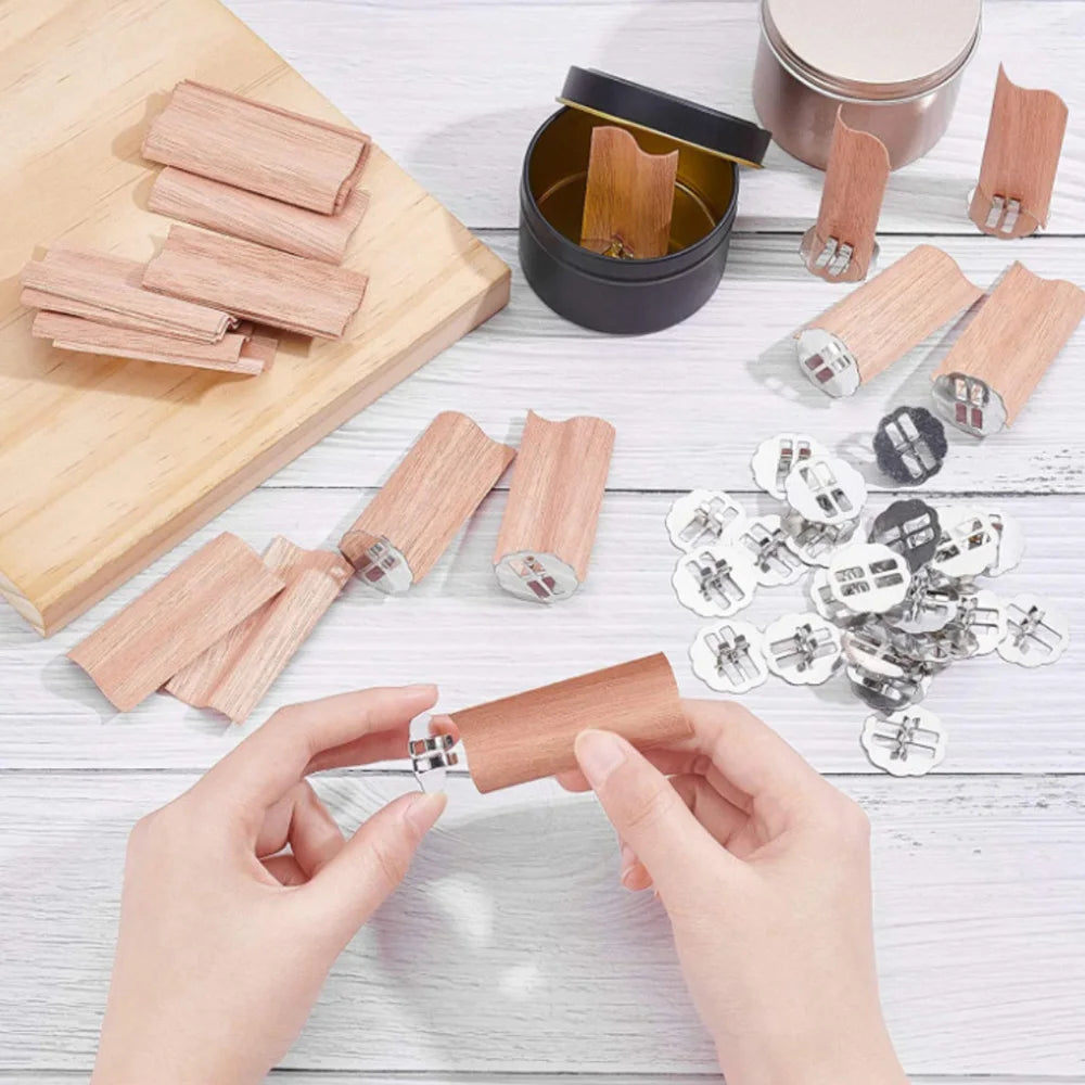 Flame Shaped Wooden Candle Wicks with Metal Base Smokeless Crackling Wick for DIY Soy Wax Candle Making 10pcs