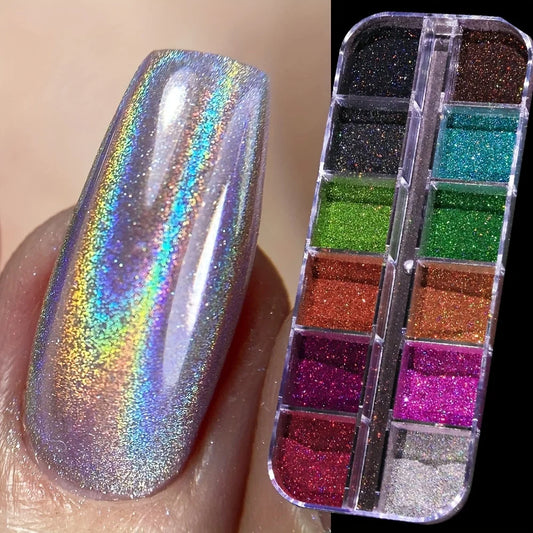 Prachtige Holografische Poeder Set: Iriserend Zilver, Zwart, Roze en Chroom Nagel Glitter voor Creatieve DIY Manicures!