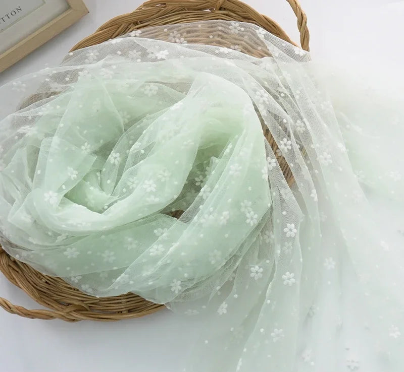 Flower Flocked Tulle Fabric 145x100cm Soft Mesh Fabric for Bridal Veil Princess Dress Doll Skirt Sewing Material