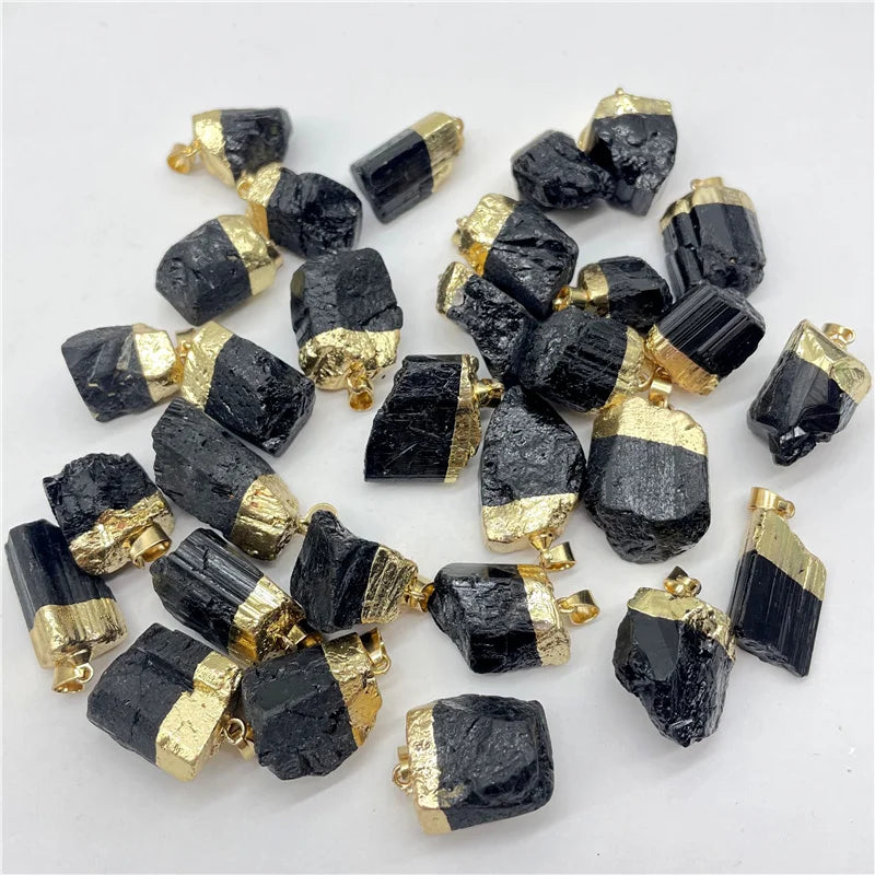 Raw Black Tourmaline Pendant Set 12pcs Natural Crystal Charm Gold Edge Irregular Stone for Jewelry Making Reiki Supplies