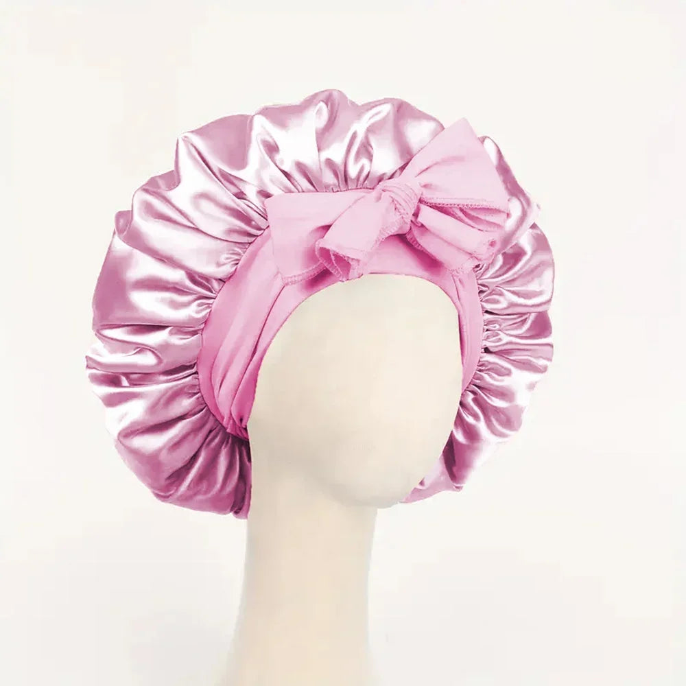 Satin Silk Hair Bonnet Adjustable Tie Band Wide-brimmed Night Sleeping Bathing Hat Bonnet for Women Unisex Protective Headwear