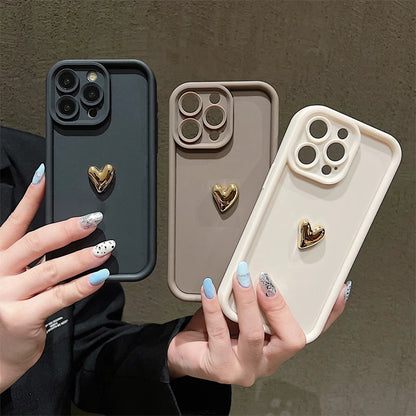 Luxueuze 3D Gouden Hart Siliconen Telefoonhoes - Zachte, Schokbestendige Candy Matte Cover voor iPhone 15, 14, 13, 12, 11, 16 Pro Max, XS, XR, 7, 8 Plus en SE 2020