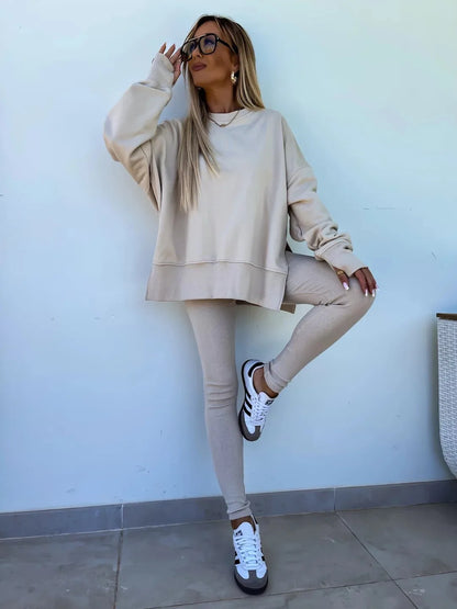 Stijlvolle Lente/Zomer 2024 Dames 2-Piece Set: Trendy Loose-Fit Sweater en Strakke Broeken Combinatie