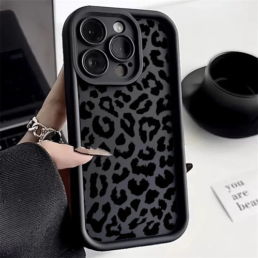 Stijlvolle Zwarte Luipaardprint Siliconen Telefoonhoes - Schokbestendige Zachte Cover voor iPhone 11, 12, 13, 14, 15, 16 Pro Max, X, XS, XR, 7, 8 Plus, SE 2