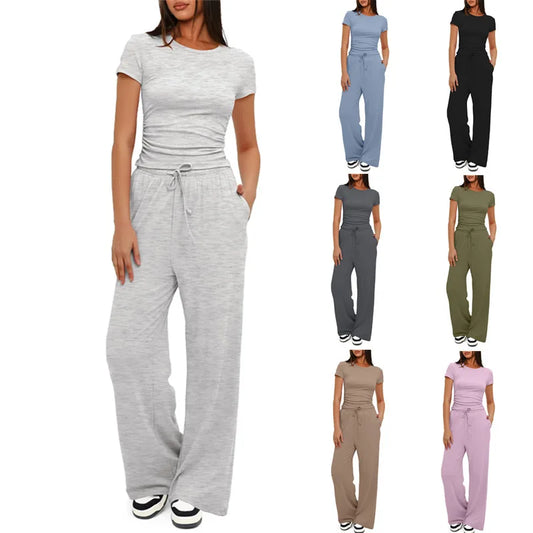 Stijlvolle Dames Twee-delige Set: T-shirt en Wijde Broek met Hoge Taille - Perfect voor Yoga, Sport en Casual Wear in Levensgrote Kleuren!