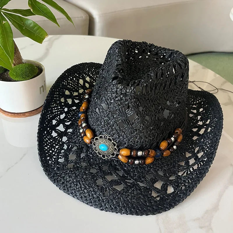Stijlvolle Vintage Boheemse Strohoed met Houten Kralen - Perfect voor Zomerse Stranddagen en Westerse Avonturen!
