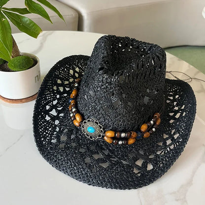 Stijlvolle Vintage Boheemse Strohoed met Houten Kralen - Perfect voor Zomerse Stranddagen en Westerse Avonturen!