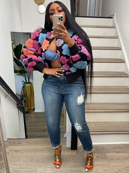 Chic Sibybo 3D Bloem Katoenen Ribbels Gebreide Cardigan - Stijlvolle Enkel-Breasted Trui voor Vrouwen - Perfect voor Casual Winterlooks
