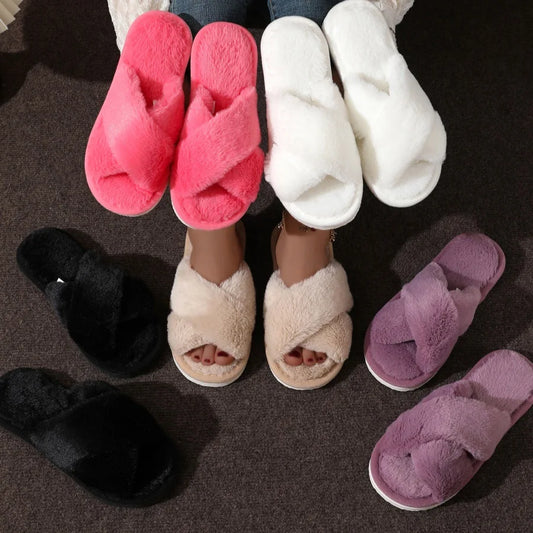 Gezellige CrissCross Pluche Open Teen Slippers voor Vrouwen - Zachte Zool Fuzzy Binnen Schoeisel voor Warme Winter Comfort