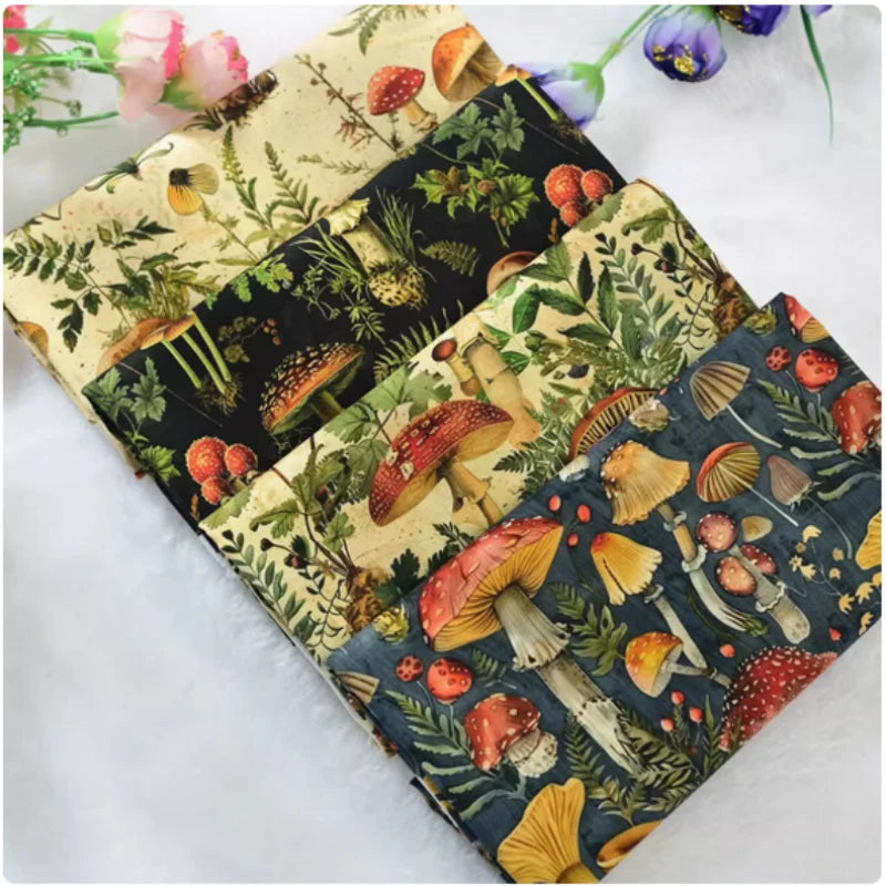 Mushroom Print Cotton Fabric Nordic Botanical Pattern for Sewing Bags Quilting DIY Crafts by Meter