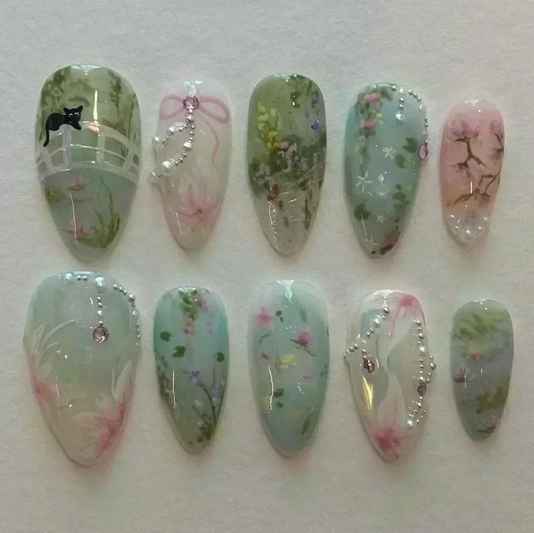 24-delige afneembare Franse nepvalse nagels set met bloem, amandelvorm, sterren en glitters ontwerp - Perfect voor DIY manicure liefhebbers!