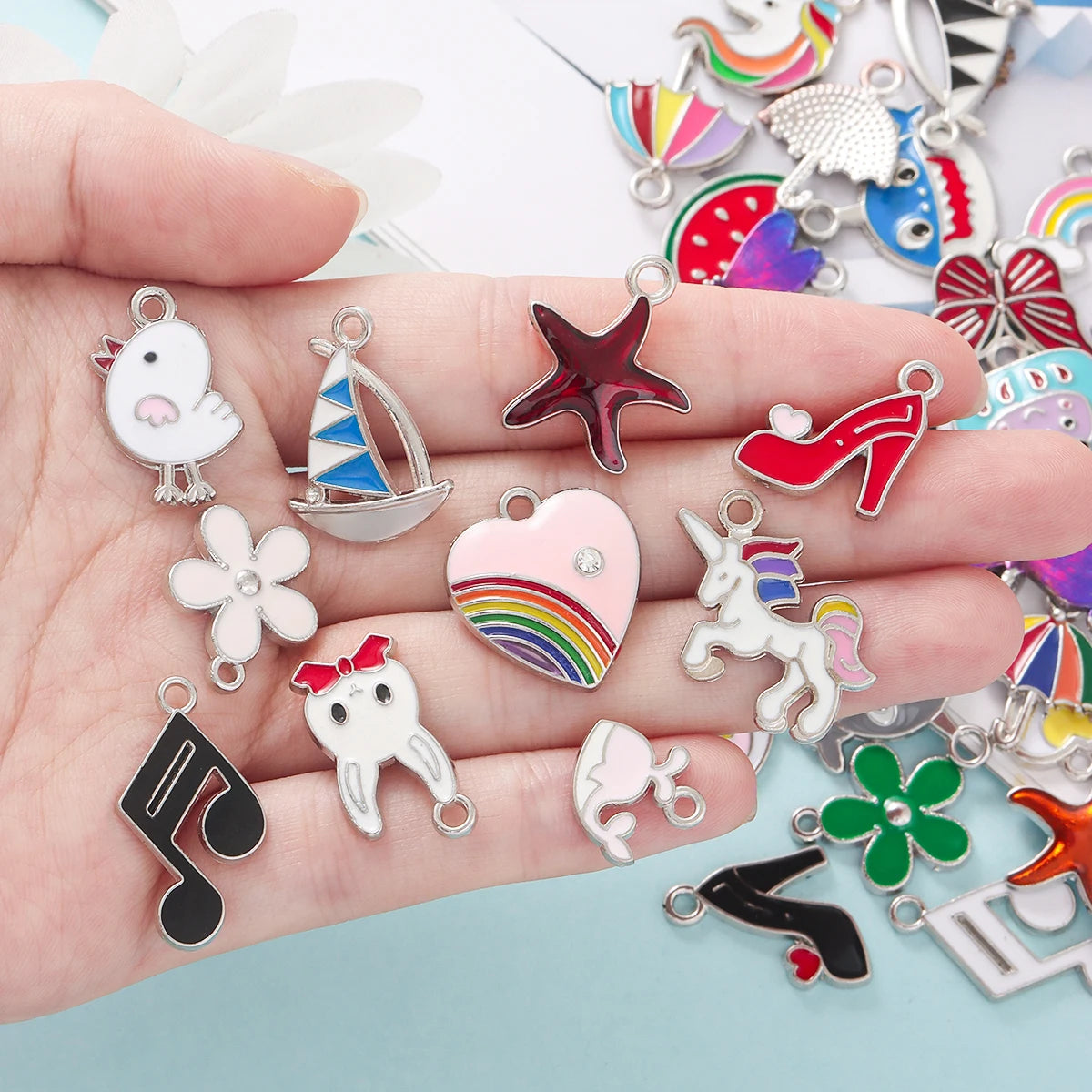 Mixed Enamel Charms Bulk Set Silver Plated Pendants DIY Bracelets Necklaces Jewelry Making Craft Supplies