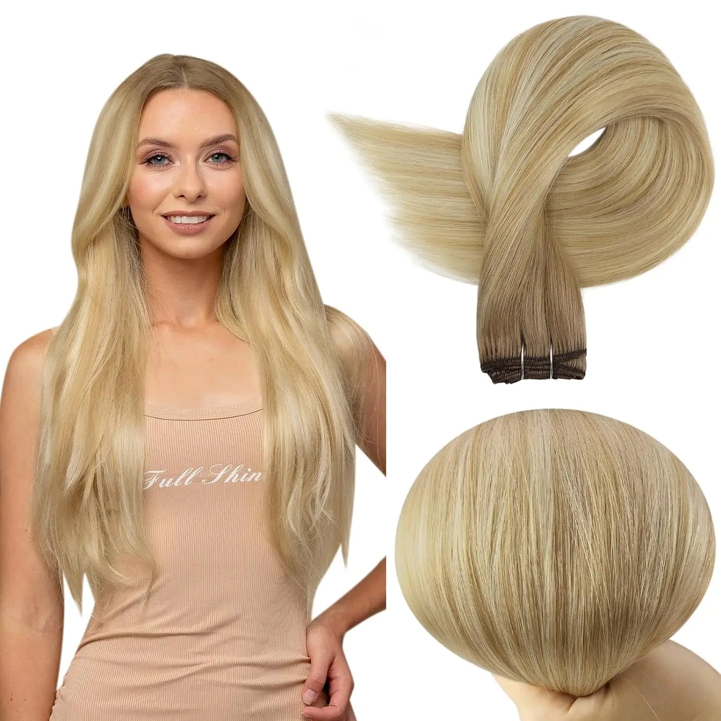 Verander Je Uiterlijk met Full Shine Ombre Blonde Menselijk Haar Weft Extensions - Zijdeachtig Steil 100g Remy Skin Dubbele Weft Bundels voor een Perfecte Salonafwerking!