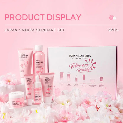 Compleet 6-delige Sakura Huidverzorgingsset: Luxe Gezichtscrème, Serum, Tonic, Reinigingsmiddel, Zonnebrandcrème en Oogcrème in een prachtige Cadeaubox