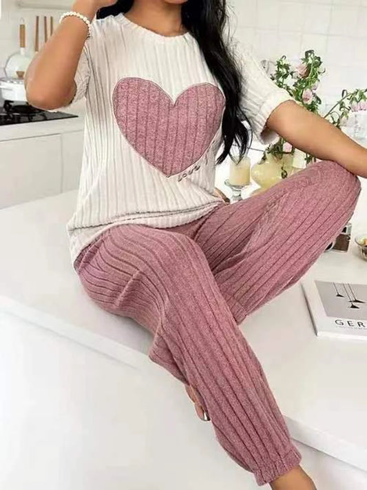 Charmante Hartpatroon Dames Pyjama Set - Korte Mouwen Top & Broek voor Gezellige Thuisontspanning