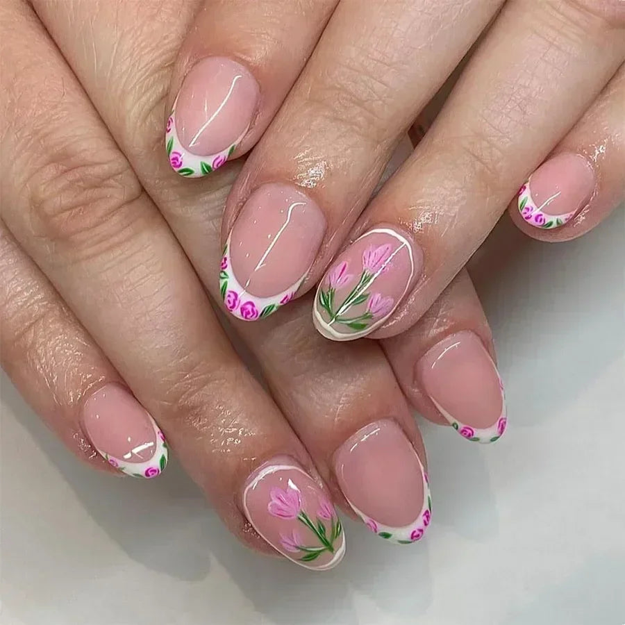 24-delige afneembare Franse nepvalse nagels set met bloem, amandelvorm, sterren en glitters ontwerp - Perfect voor DIY manicure liefhebbers!