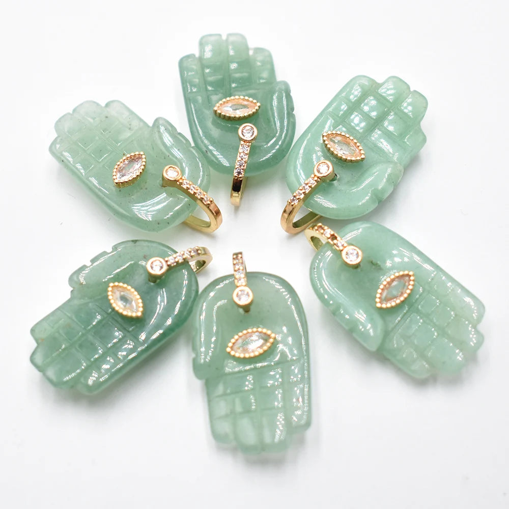 Natural Stone Hamsa Hand Charms 6pcs Carved Amethyst Rose Quartz Palm Pendants for Jewelry Making DIY Necklace Supplies