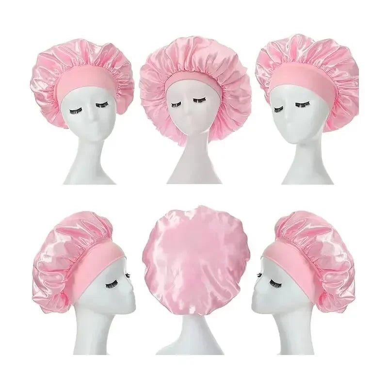 Satin Bonnets Night Sleeping Cap Large Elastic Wide Soft Band Colorful Silk Hat for Curly Hair Care Beauty Makeup for Women Men
