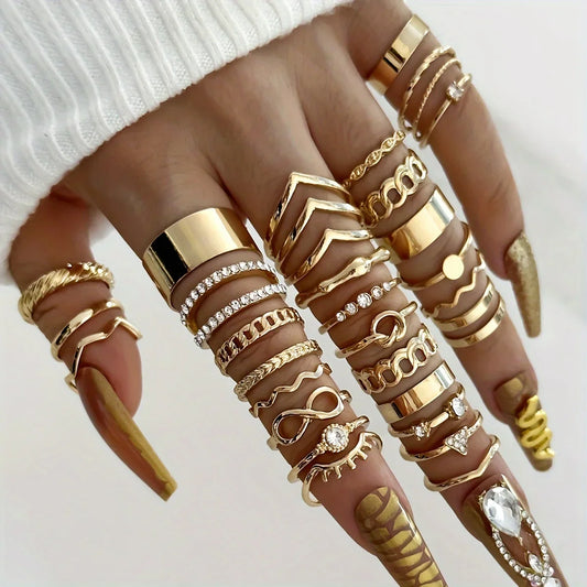 30-delige Elegante Boho Gouden Ring Set - Vintage-geïnspireerde Strass Geometrische Vinger Ringen voor Trendy Minimalistische Sieraden Cadeaus in 2024