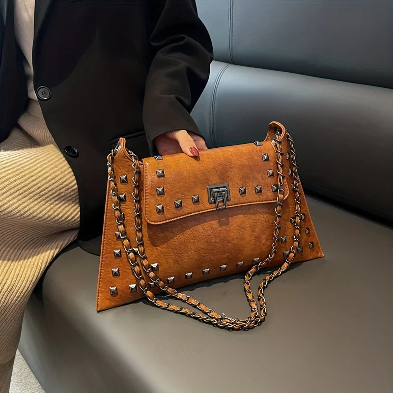 Elegante Vintage Nieten Kettingtas - Klassieke Draaislot Schoudertas voor Stijlvolle Vrouwen - Jouw Veelzijdige Dagelijkse Essentie