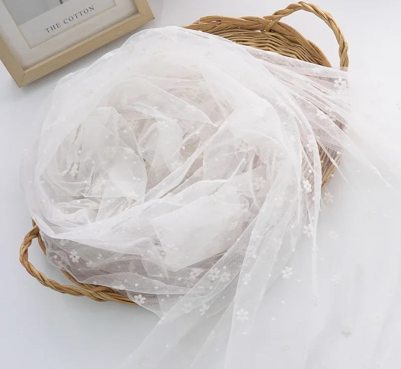 Flower Flocked Tulle Fabric 145x100cm Soft Mesh Fabric for Bridal Veil Princess Dress Doll Skirt Sewing Material