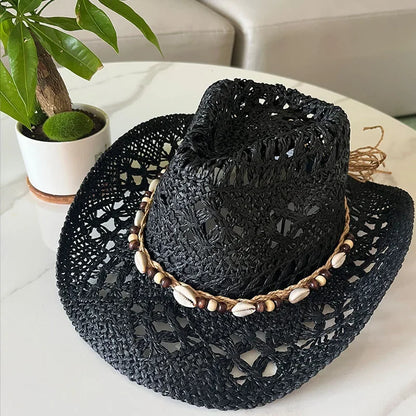 Stijlvolle Vintage Boheemse Strohoed met Houten Kralen - Perfect voor Zomerse Stranddagen en Westerse Avonturen!