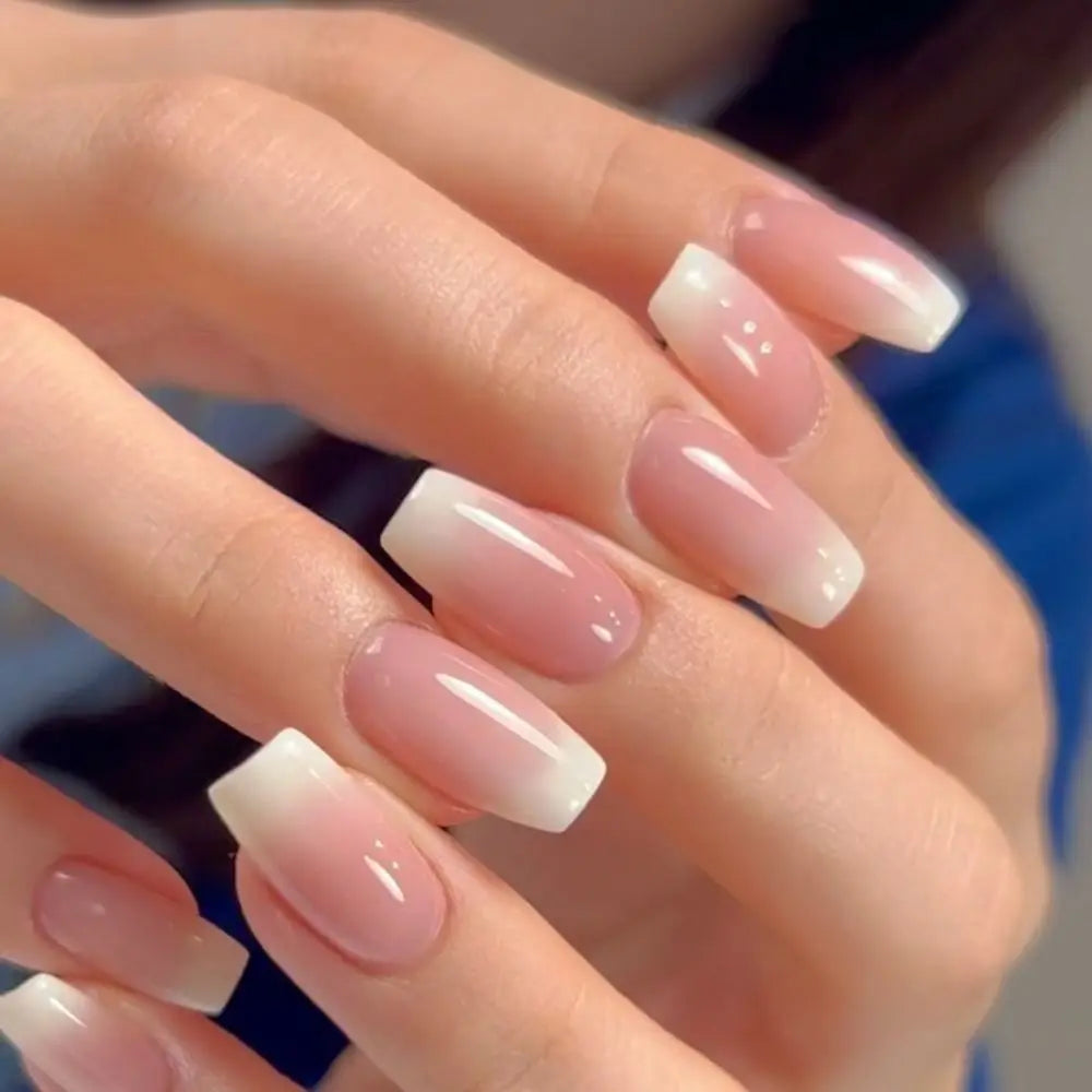 Set van 24 Eenvoudige Gradient Franse Ballerina Druknagels - Waterdichte Medium Coffin Stijl Nepnagels voor Moeiteloze Elegantie!