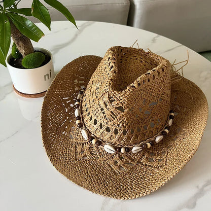 Stijlvolle Vintage Boheemse Strohoed met Houten Kralen - Perfect voor Zomerse Stranddagen en Westerse Avonturen!