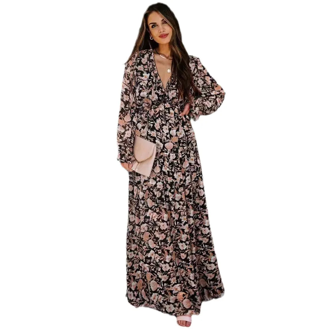 Chic Bloemen Chiffon Maxi Jurk voor Dames – Perfect voor Lente en Zomer met Gerimpelde Lagen en Elegante Lange Mouwen, Ideaal voor Feesten!