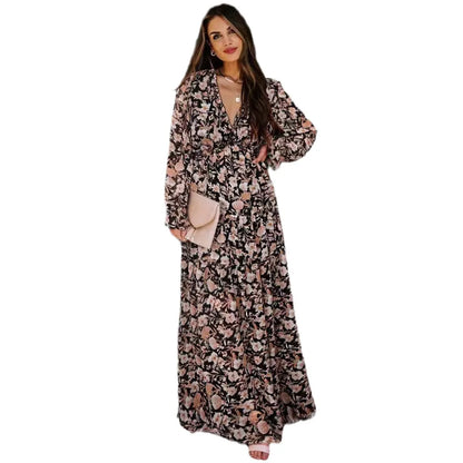 Chic Bloemen Chiffon Maxi Jurk voor Dames – Perfect voor Lente en Zomer met Gerimpelde Lagen en Elegante Lange Mouwen, Ideaal voor Feesten!