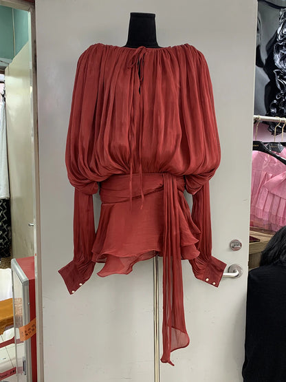 VGH Stylish Gecombineerde Vetersluiting Losse Korte Jurk voor Dames met Ronde Hals, Lange Mouwen en Trendy Ruches - Een Chique Aanvulling op Je Garderobe!