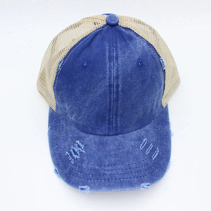Chic Vintage Paardenstaart Baseballcap voor Dames - Verstelbare Snapback Mesh Zomerhoed met Versleten Afwerking