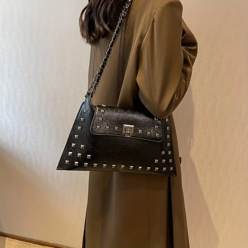 Elegante Vintage Nieten Kettingtas - Klassieke Draaislot Schoudertas voor Stijlvolle Vrouwen - Jouw Veelzijdige Dagelijkse Essentie