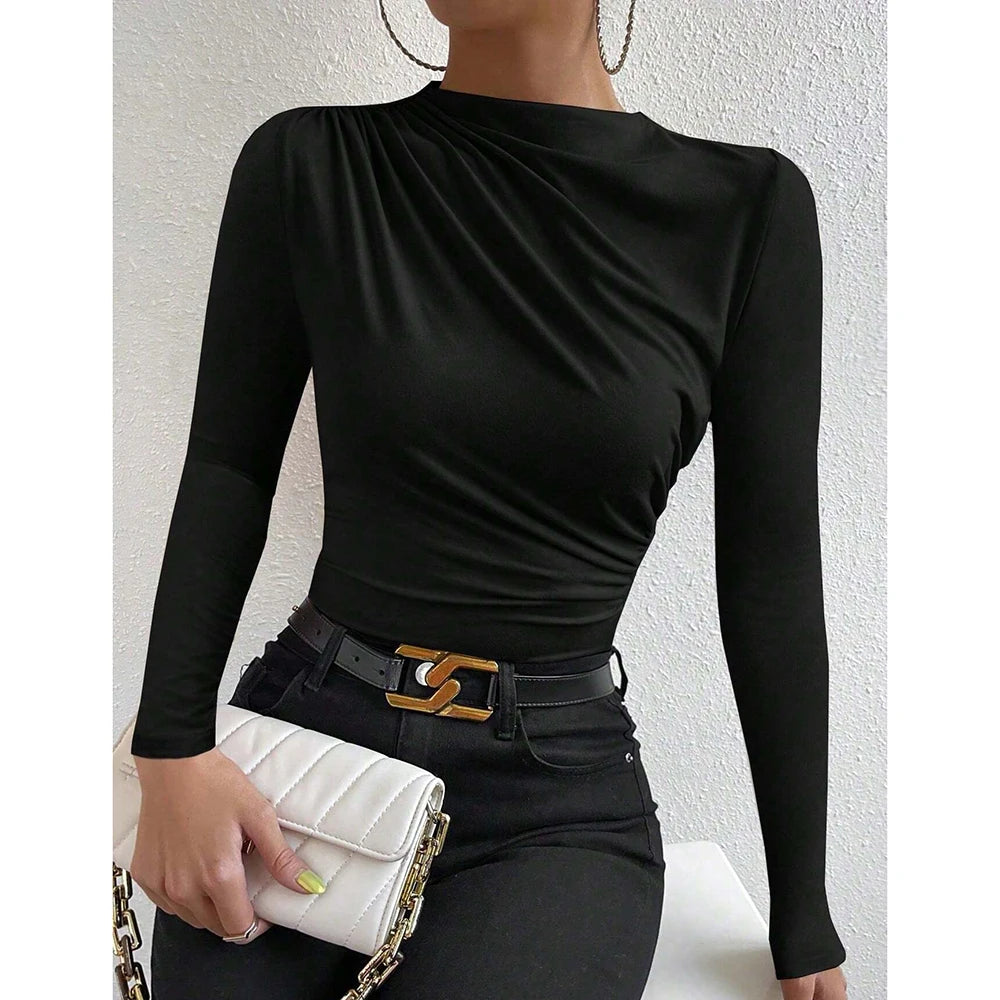 Verhoog je herfstgarderobe: Mia Muse Dames Stijlvolle Rimpel Lange Mouw Crewneck T-Shirts