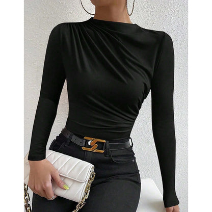 Verhoog je herfstgarderobe: Mia Muse Dames Stijlvolle Rimpel Lange Mouw Crewneck T-Shirts