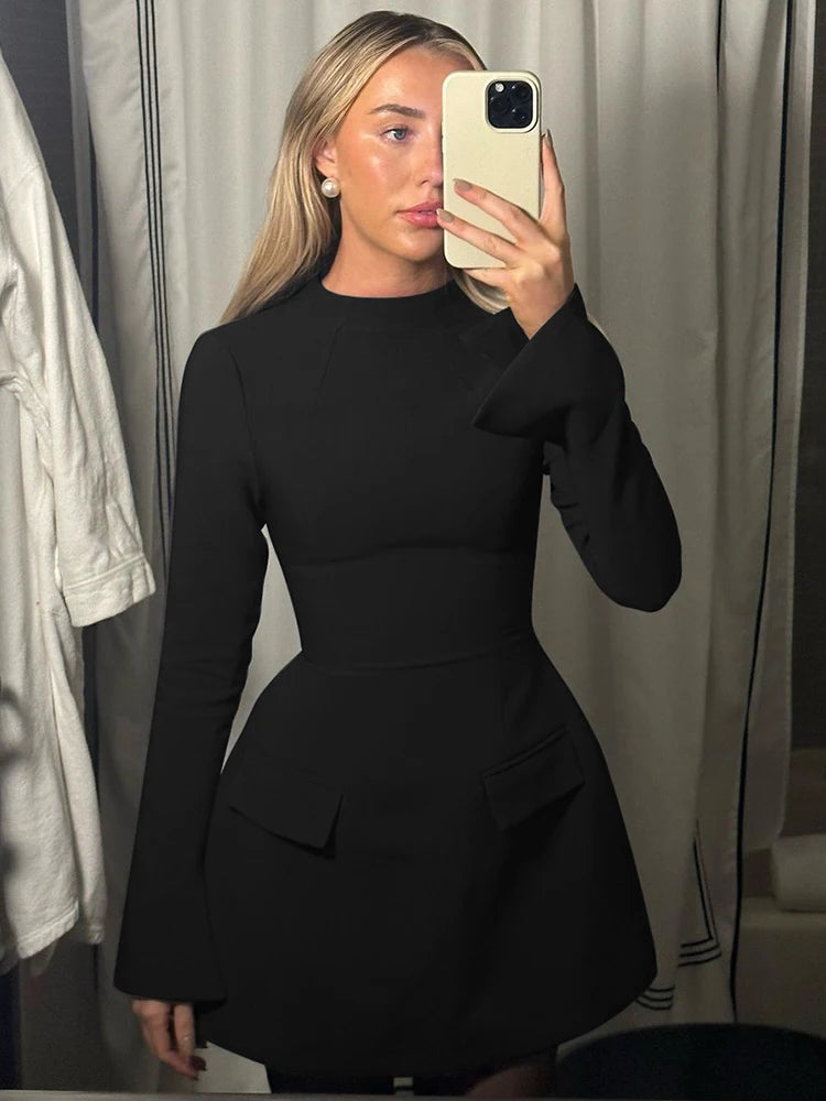 Soepele & Chique Lange Mouw Rits Bodycon Mini Jurk met Zakken - Perfect voor Kantoor & Straatstijl Deze Herfst/Winter!