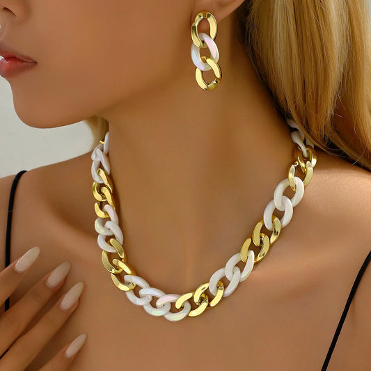 Prachtige Vintage Dikke Rand Cubaanse Gotische Necklace en Oorbellen Set voor Dames - Elegante Gouden CCB Ketting Sieraden voor Feesten