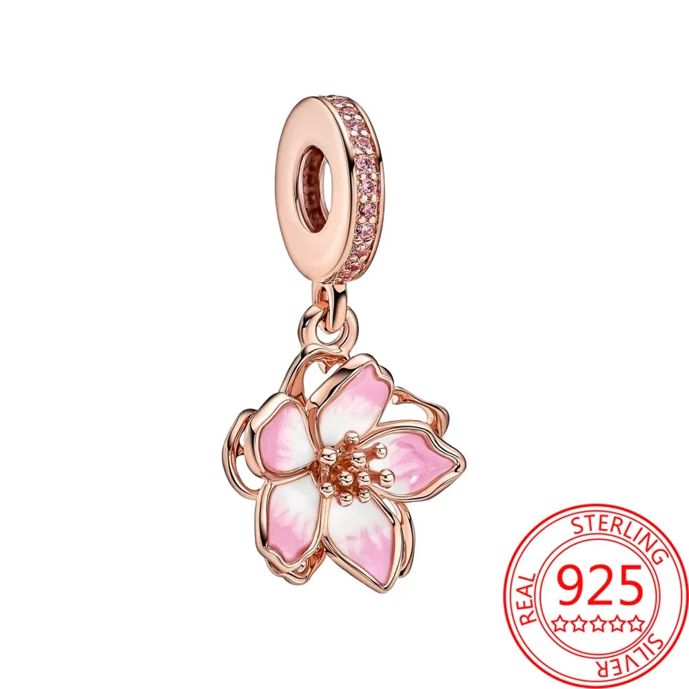 925 Sterling Silver Cherry Blossom Charm Pink Flower Bead Fit Bracelets DIY Jewelry Gift for Women