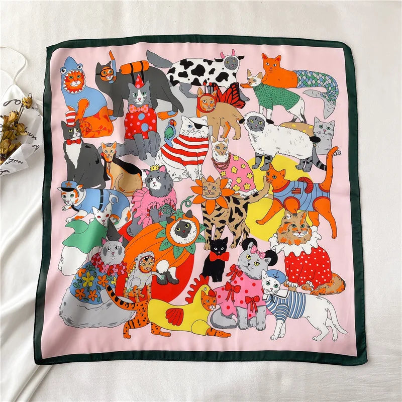 2024 Elegante Zijden Kattenprint Sjaal - Stijlvolle Hoofddoek & Sjaaltje voor Vrouwen - Luxueuze Satijnen Vierkante Sjaal & Multifuntionele Hijab Bandana