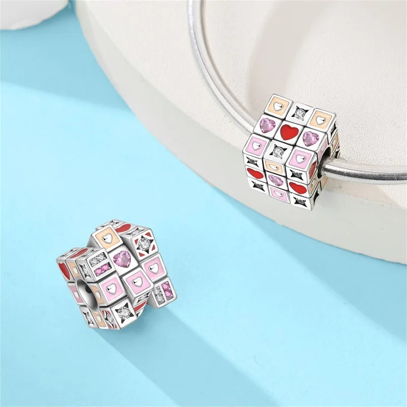 925 Sterling Silver Puzzle Charms Bead with Zircon Inlay DIY Bracelet Pendant Jewelry Making Supplies