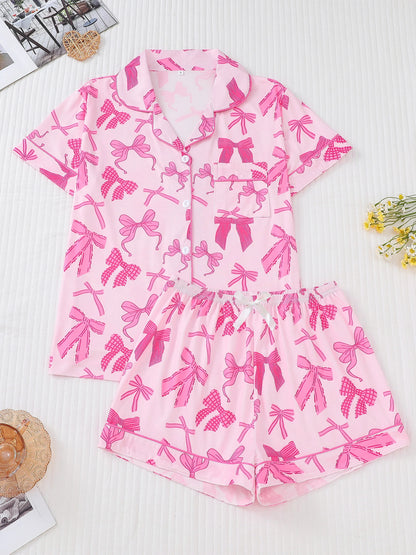 Schattige Strikprint Dames Pyjama Set: Gezellige Korte Mouwen Top met Revers en Ontspannen Rekshorts voor Ultiem Comfort