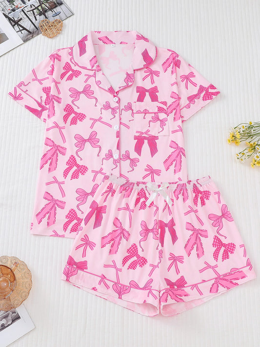 Schattige Strikprint Dames Pyjama Set: Gezellige Korte Mouwen Top met Revers en Ontspannen Rekshorts voor Ultiem Comfort