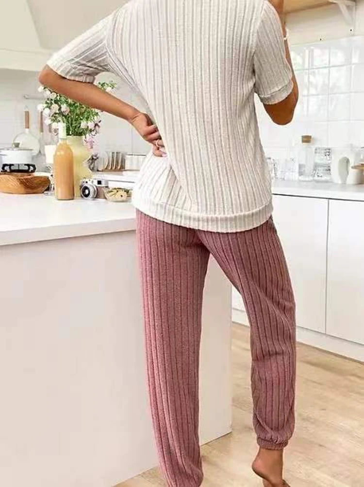 Charmante Hartpatroon Dames Pyjama Set - Korte Mouwen Top & Broek voor Gezellige Thuisontspanning
