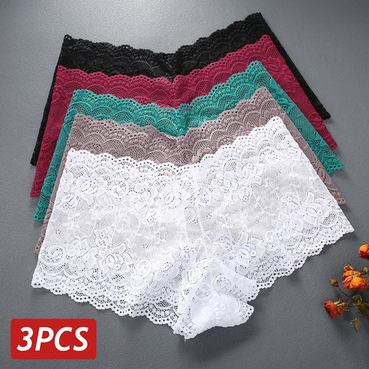 Set van 3 Dames Bloemenkant Onderbroeken - Sexy Doorschijnende Onderkleding met V-Taille Ontwerp in Effen Kleuren - Ademend en Comfortabel Lingerie voor Dames