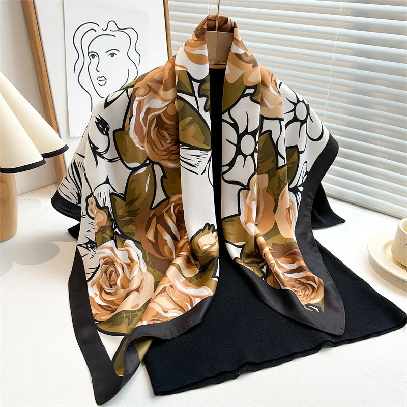 Elegante 90x90cm Twill Zijde-gevoel Vierkante Sjaal voor Dames - Luxe Haar Boomprint Hoofddoek, Sjaal en Nek Sjaal, Perfect voor Hijab of Bandana-stijl!