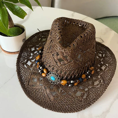 Stijlvolle Vintage Boheemse Strohoed met Houten Kralen - Perfect voor Zomerse Stranddagen en Westerse Avonturen!