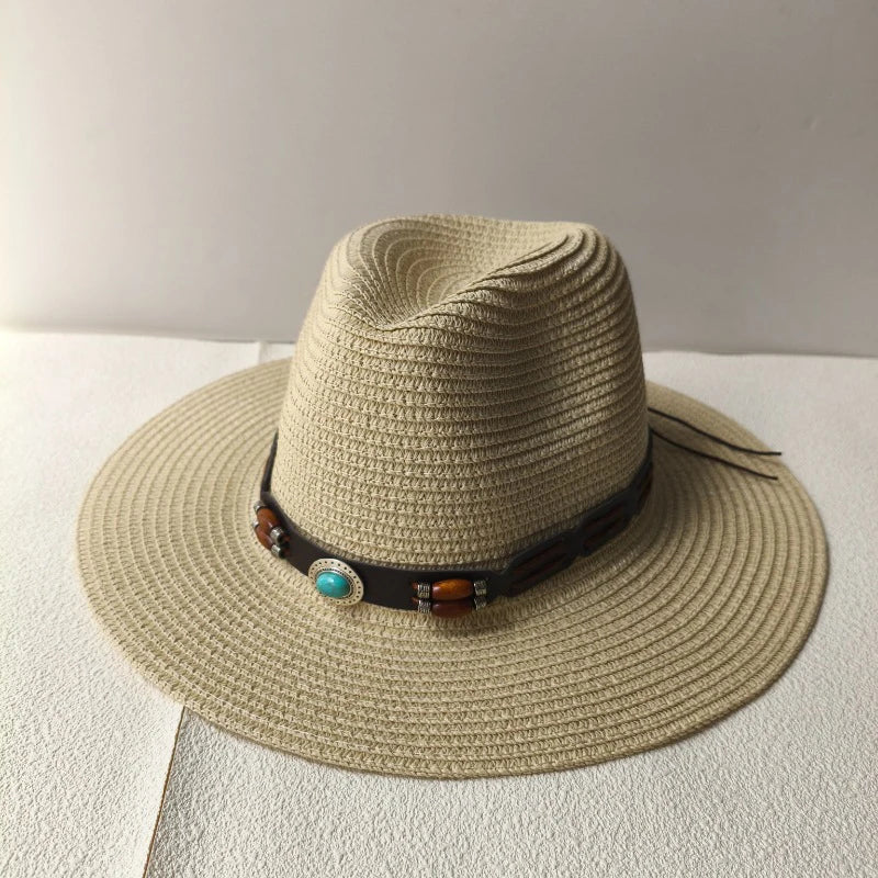 Stijlvolle Vintage Boheemse Strohoed met Houten Kralen - Perfect voor Zomerse Stranddagen en Westerse Avonturen!