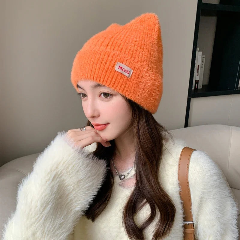 Schattige Kattenoor Gebreide Beanie - Gezellige Neppelzen Wintermuts voor Vrouwen, K-Pop Geïnspireerde Snoepkleuren voor Trendy Streetwear!